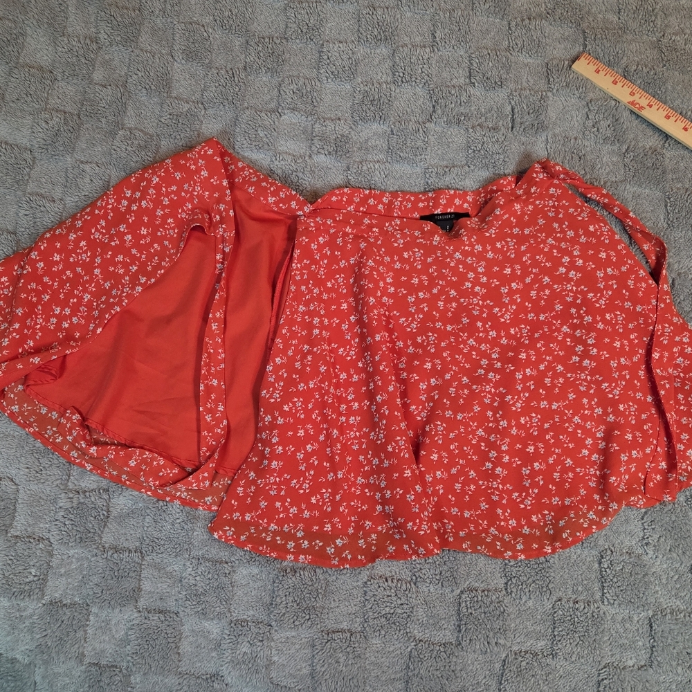 Forever 21 Skirt Womens Size Small Red-Orange Boho Floral Print Wrap Mini Micro - Picture 5 of 8